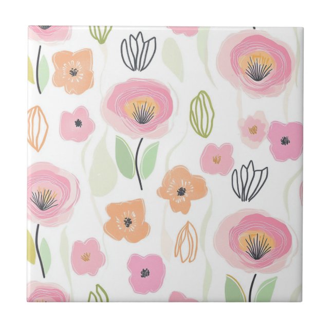 Modern Abstract Floral Line Pattern (2) Ceramic Tile (Front)