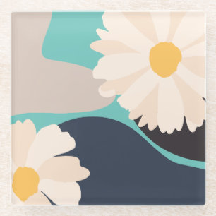 Modern Abstract Floral Teal Glass Coaster