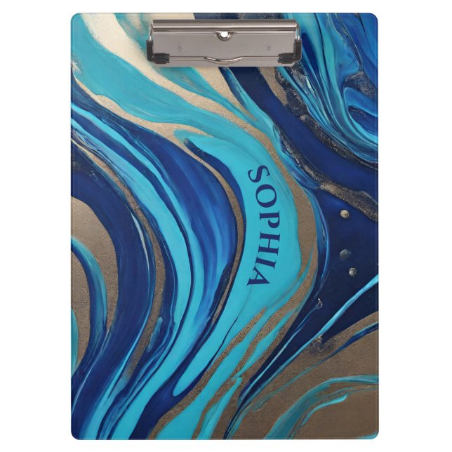 Modern Abstract Flow Art- Blue and Gold- Clipboard (Front)
