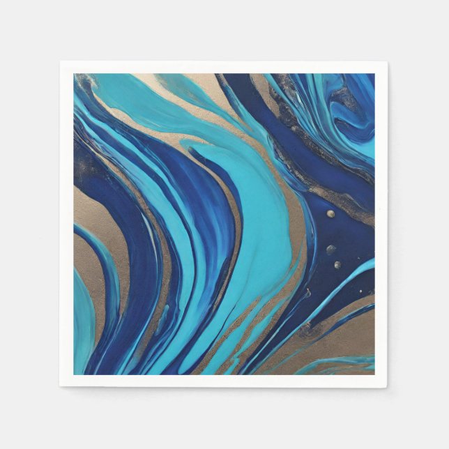 Modern-Abstract Flow Art- Blue and Gold- Napkins (Front)