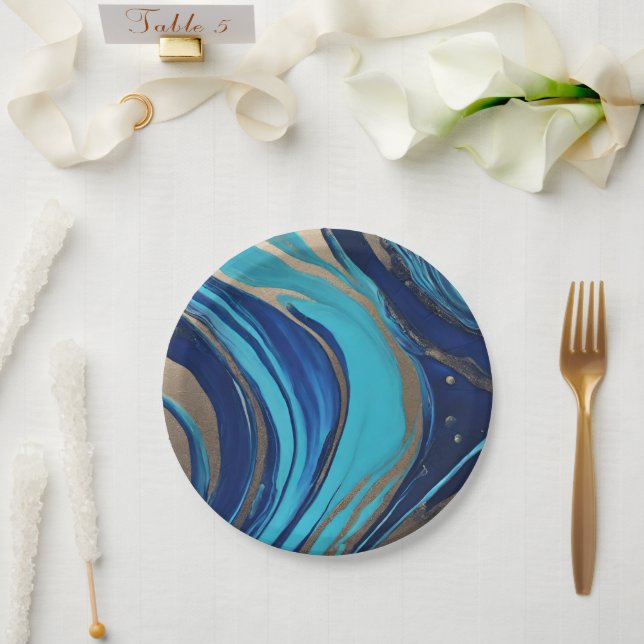 Modern Abstract Flow Art-Blue and Gold- Paper Plates (Wedding)