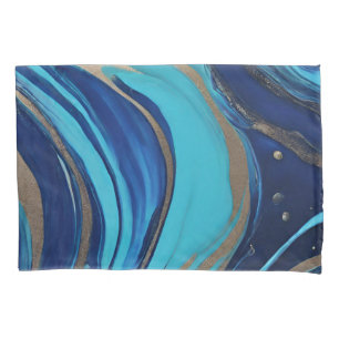 Modern Abstract Flow Art-Blue and Gold- Pillow Case