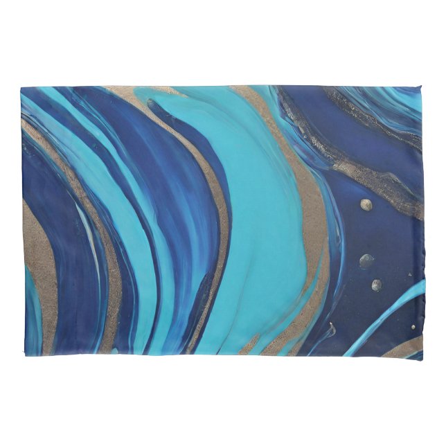 Modern Abstract Flow Art-Blue and Gold- Pillow Case (Front)