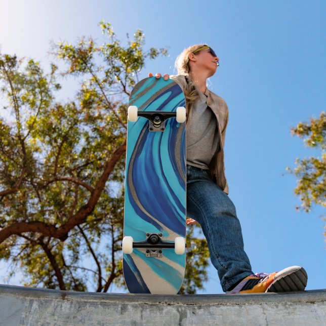 Modern Abstract Flow Art-Blue and Gold- Skateboard (Outdoor 1)