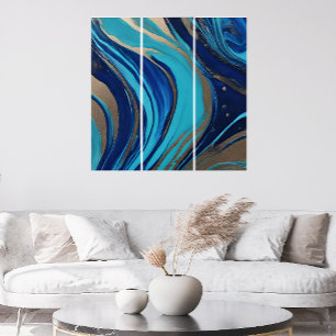 Modern Abstract-Flow Art-Blue and Gold- Triptych