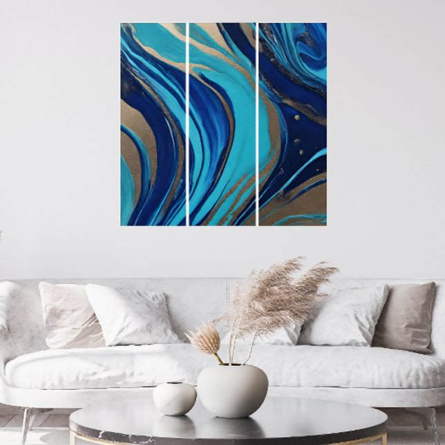 Modern Abstract-Flow Art-Blue and Gold- Triptych (Modern Abstract-Flow Art-Blue and Gold)