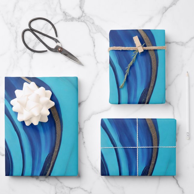 Modern Abstract Flow Art- Blue and Gold Wrapping Paper Sheets (Front)