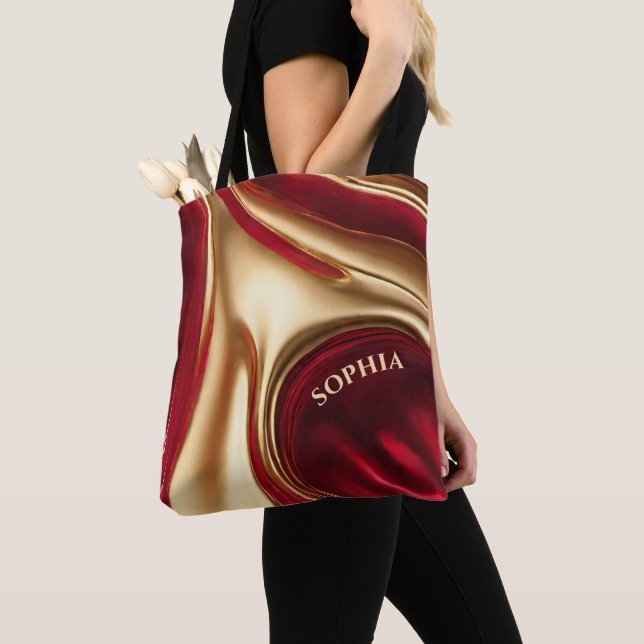 Modern Abstract Flow Art-Red and Gold- Tote Bag (Close Up)