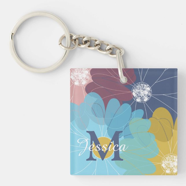 Modern Abstract Flower Art Personalised Keychain (Front)