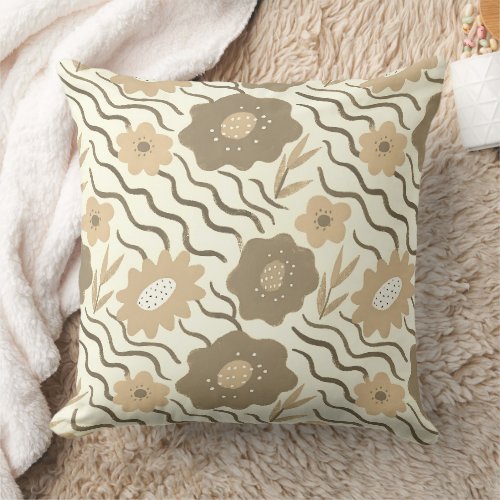 Modern Abstract Flowers Boho Wavy Throw Pillow