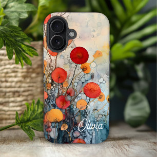 Modern Abstract Flowers Personalized Name iPhone 16 Case