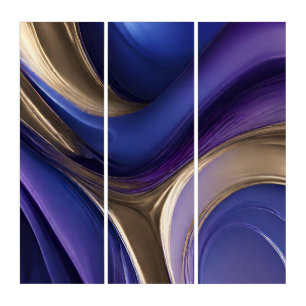 Modern Abstract-Fluid Art-Blue Purple and Gold- Triptych