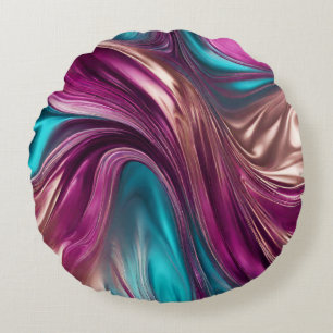 Modern Abstract-Fluid Art-Magenta Turquoise Gold- Round Pillow