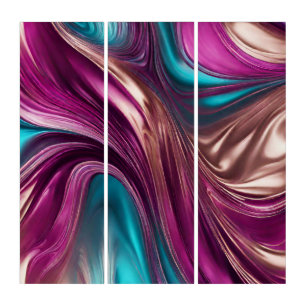 Modern Abstract-Fluid Art-Magenta Turquoise Gold- Triptych
