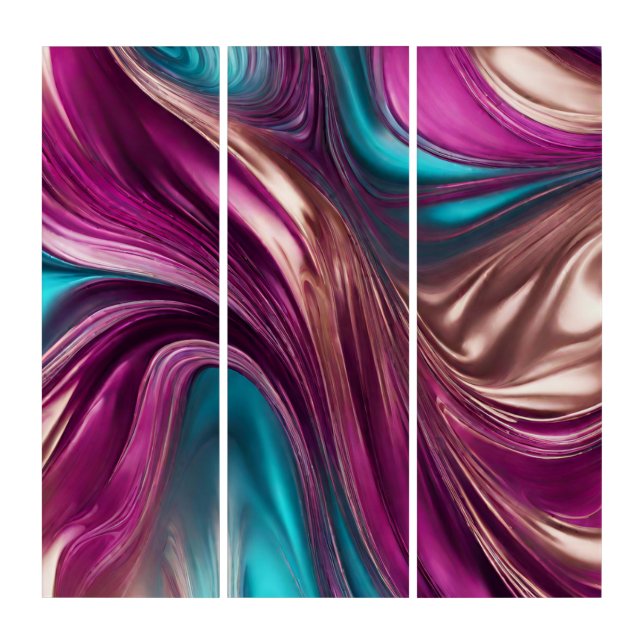Modern Abstract-Fluid Art-Magenta Turquoise Gold- Triptych (Front)