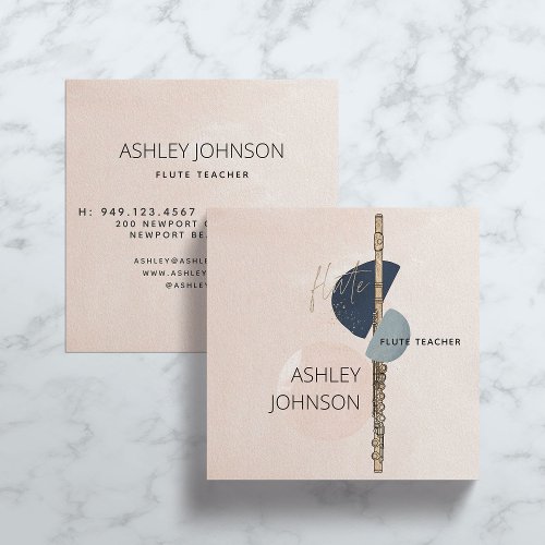 Modern Abstract Flute Teacher Blush  Navy Square Square Business Card