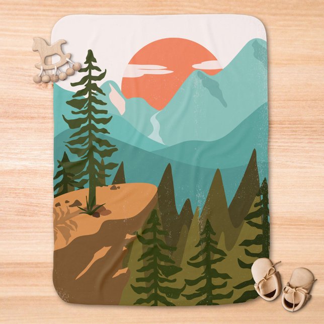 Modern Abstract Forest, Mountains, and Sunrise Baby Blanket (In situ)