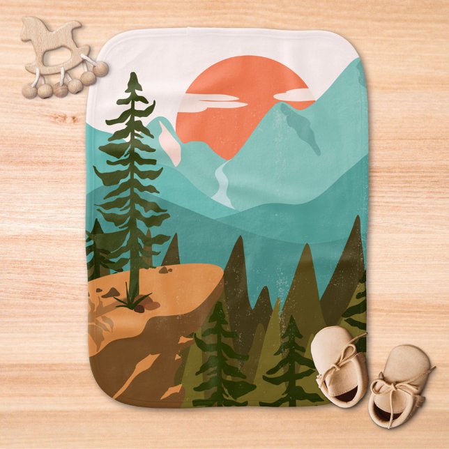 Modern Abstract Forest, Mountains, and Sunrise Baby Burp Cloth (In situ)