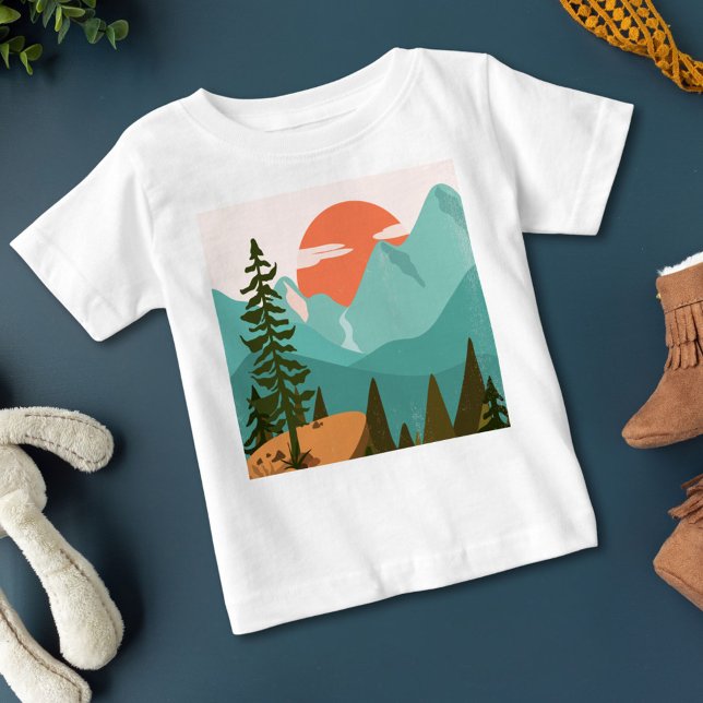 Modern Abstract Forest, Mountains, and Sunrise Baby T-Shirt (Close up)