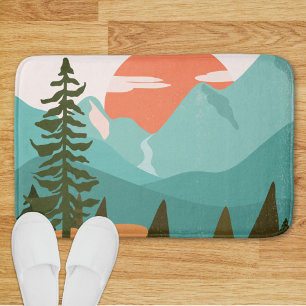 Modern Abstract Forest, Mountains, and Sunrise Bath Mat