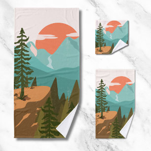 Modern Abstract Forest, Mountains, and Sunrise Bath Towel Set
