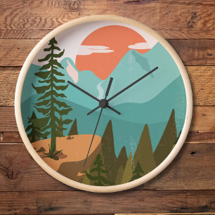 Modern Abstract Forest, Mountains, and Sunrise Clock