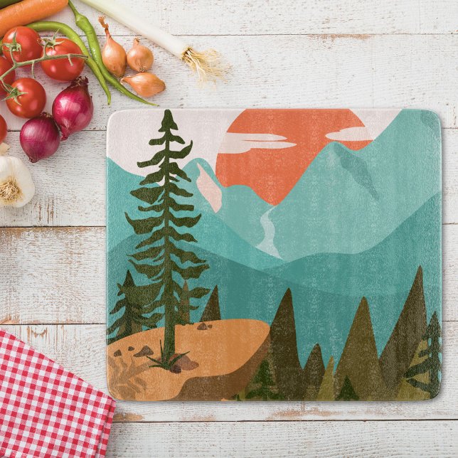 Modern Abstract Forest, Mountains, and Sunrise Cutting Board (In situ )