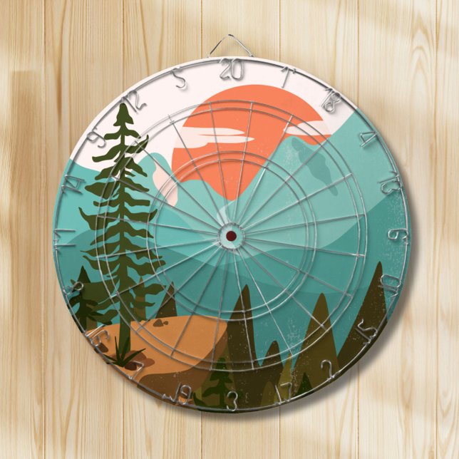 Modern Abstract Forest, Mountains, and Sunrise Dart Board (In situ)