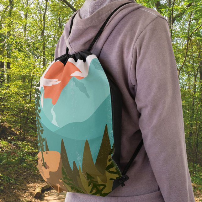 Modern Abstract Forest, Mountains, and Sunrise Drawstring Bag (In situ)