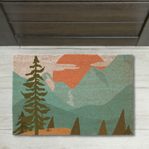 Modern Abstract Forest, Mountains, and Sunrise Fiber Doormat