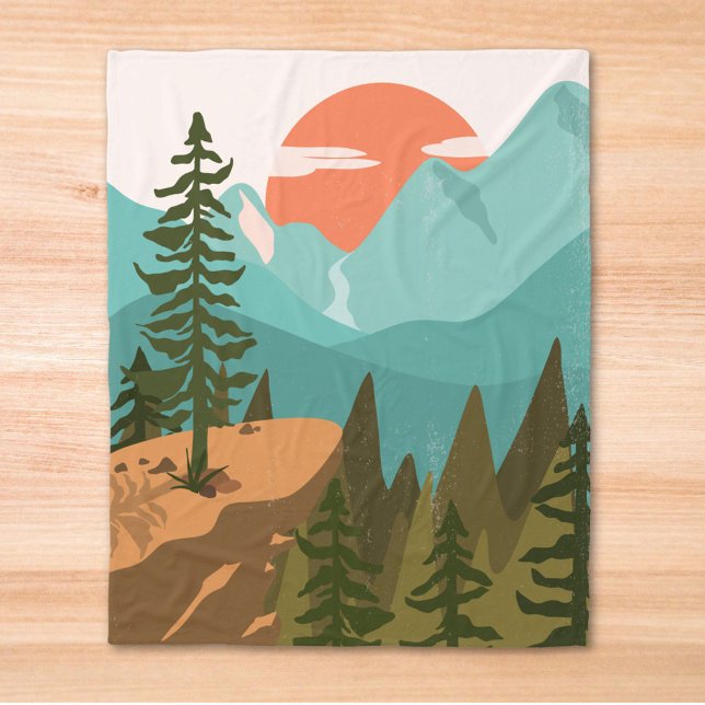 Modern Abstract Forest, Mountains, and Sunrise Fleece Blanket (In situ)