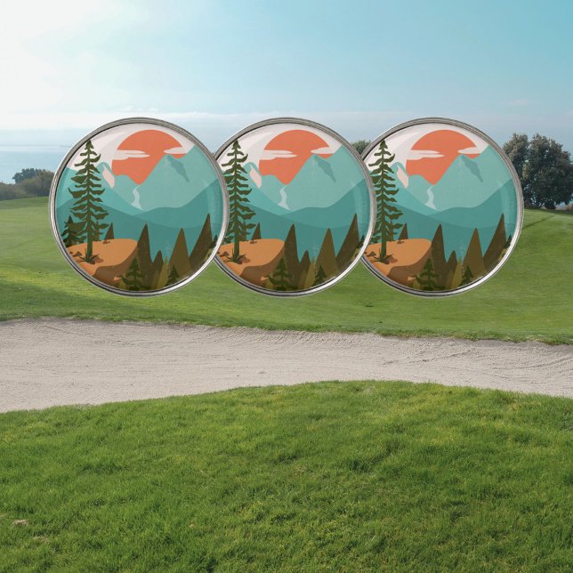 Modern Abstract Forest, Mountains, and Sunrise Golf Ball Marker (In situ)