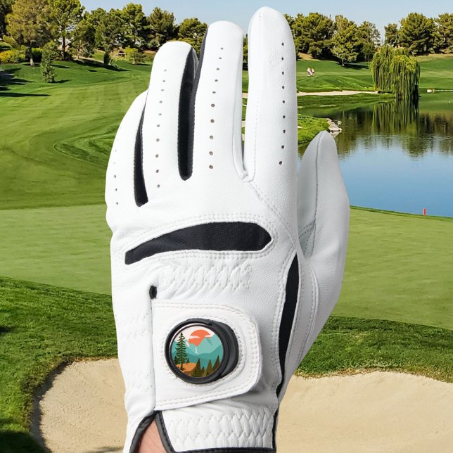 Modern Abstract Forest, Mountains, and Sunrise Golf Glove (In situ)