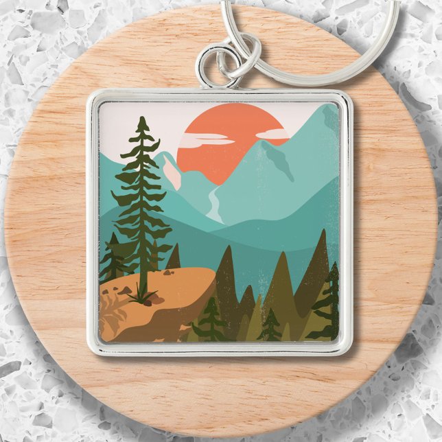Modern Abstract Forest, Mountains, and Sunrise Keychain (Close up)