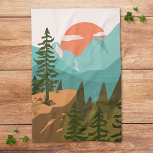 Modern Abstract Forest, Mountains, and Sunrise Kitchen Towel
