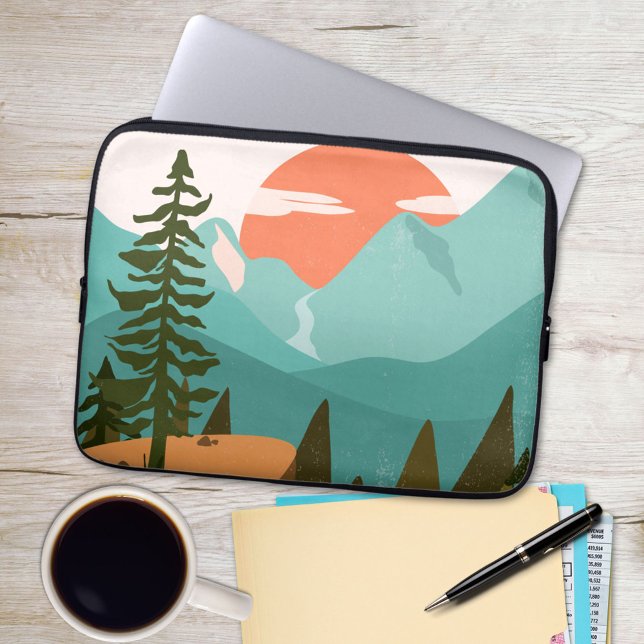 Modern Abstract Forest, Mountains, and Sunrise Laptop Sleeve (In situ)