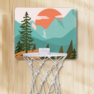 Modern Abstract Forest, Mountains, and Sunrise Mini Basketball Hoop