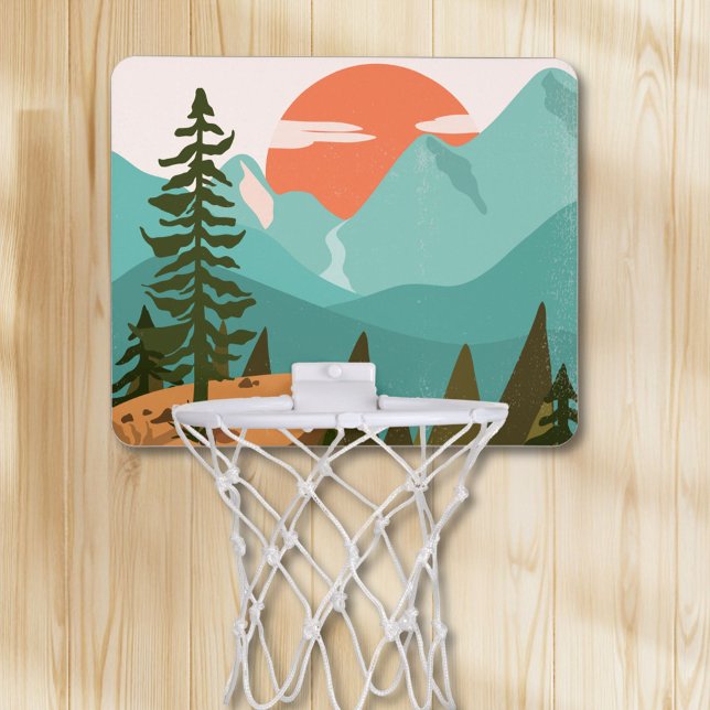 Modern Abstract Forest, Mountains, and Sunrise Mini Basketball Hoop (In situ)