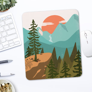 Modern Abstract Forest, Mountains, and Sunrise Mouse Pad