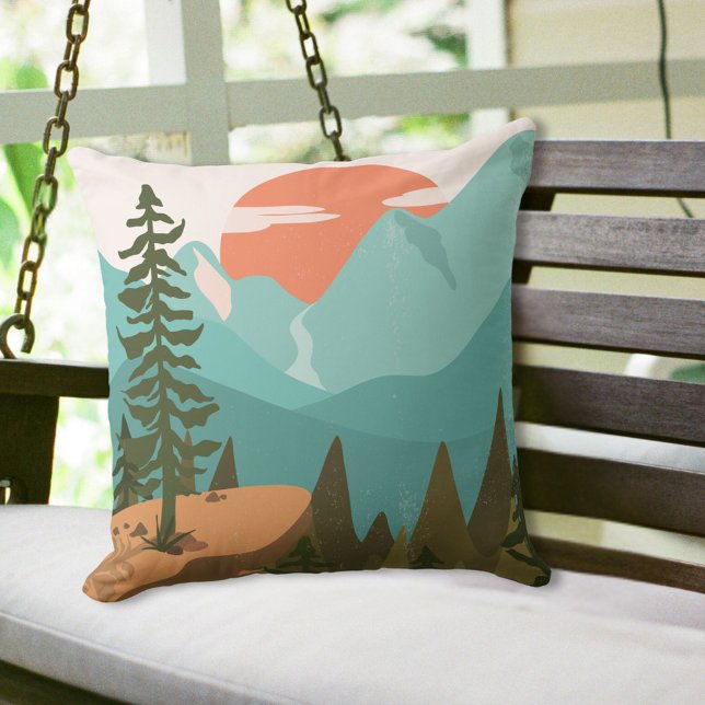Modern Abstract Forest, Mountains, and Sunrise Outdoor Pillow (In situ)