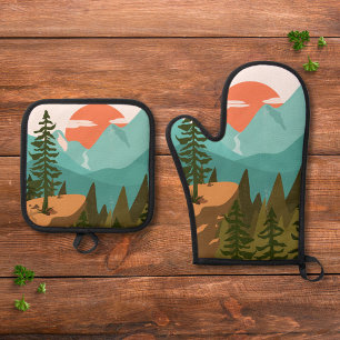 Modern Abstract Forest, Mountains, and Sunrise Oven Mitt & Pot Holder Set