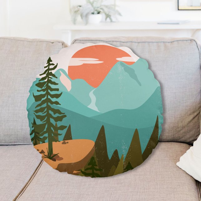 Modern Abstract Forest, Mountains, and Sunrise Round Pillow (In situ)