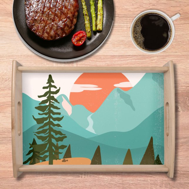 Modern Abstract Forest, Mountains, and Sunrise Serving Tray (In situ)