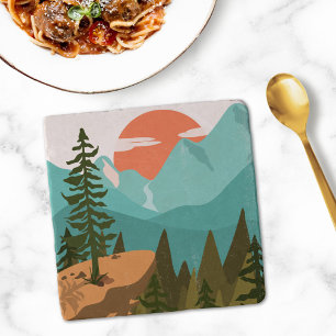 Modern Abstract Forest, Mountains, and Sunrise Trivet