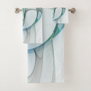 Modern Abstract Fractal Art Blue Turquoise Gray Bath Towel Set