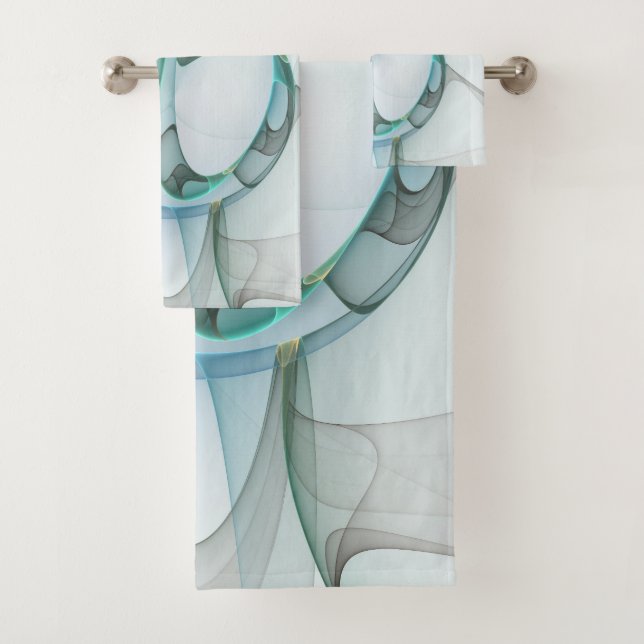 Modern Abstract Fractal Art Blue Turquoise Gray Bath Towel Set (Insitu)