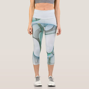 Modern Abstract Fractal Art Blue Turquoise Gray Capri Leggings