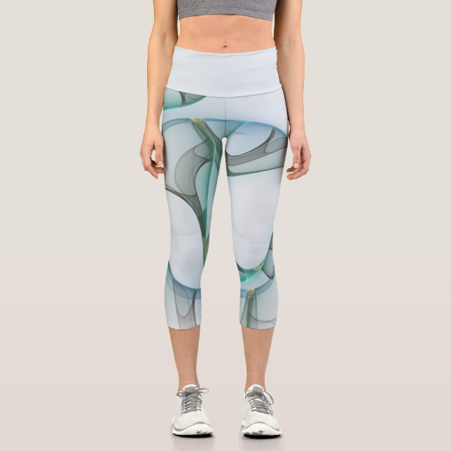 Modern Abstract Fractal Art Blue Turquoise Gray Capri Leggings (Front)