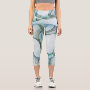 Modern Abstract Fractal Art Blue Turquoise Gray Capri Leggings