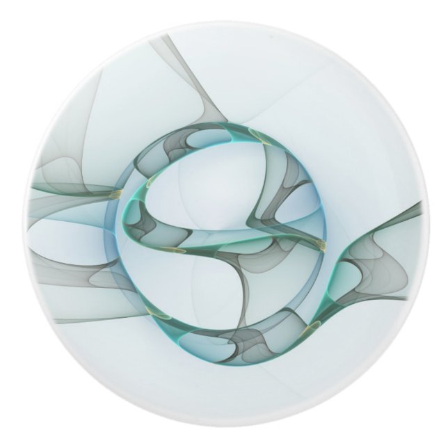 Modern Abstract Fractal Art Blue Turquoise Gray Ceramic Knob (Front)
